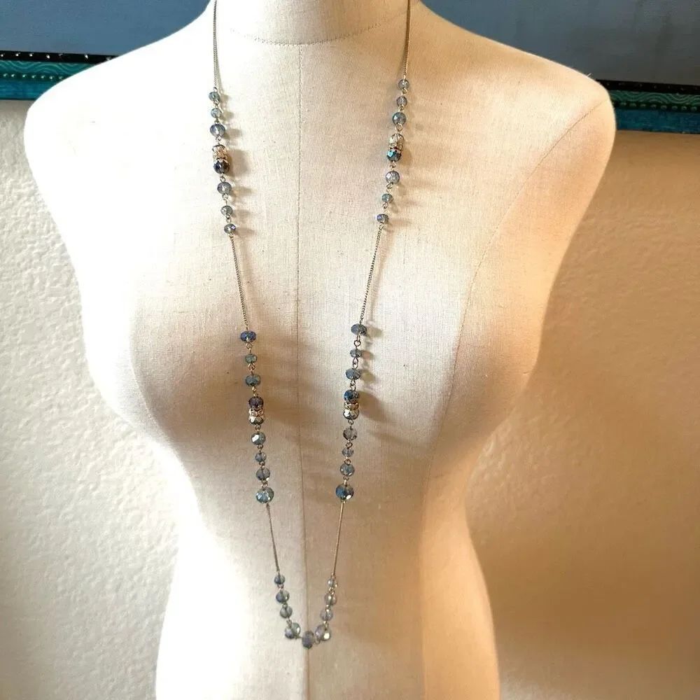 Blue crystal beaded long gold tone  necklace